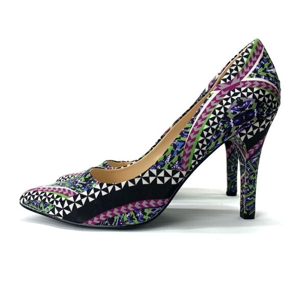 Nine West Abstract Print Fabric Gwendle 2 Stiletto Heels Black/Green/Purple Sz10 - Picture 4 of 9